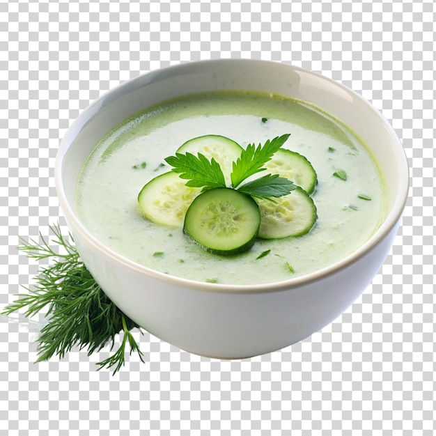 PSD cold cucumber soup on white bowl isolated on transparent background