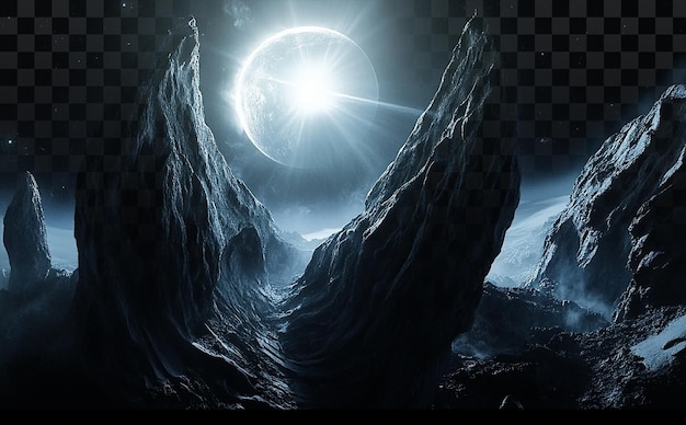 cold dark planet with blue and gray hues and rock structure on transparent background