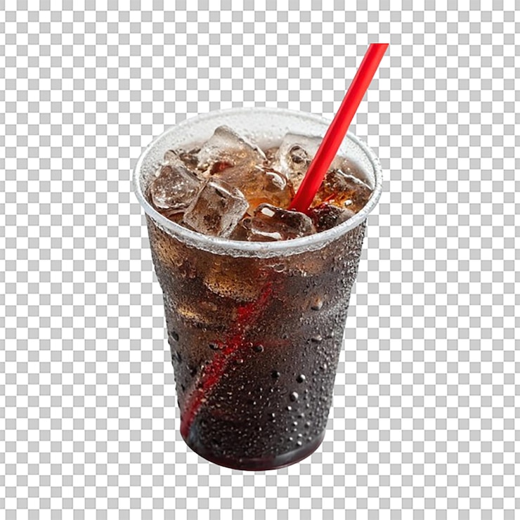 PSD cold soda cup with ice cubes and a red straw
