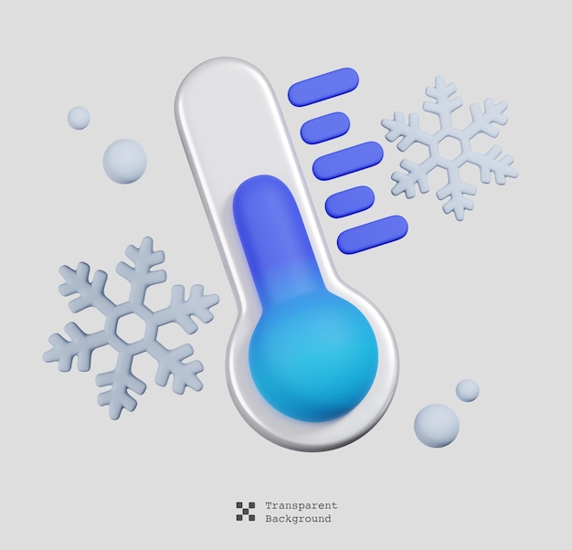 PSD cold weather thermometer and snowflake isolated. new year and winter symbol icon concept. 3d render