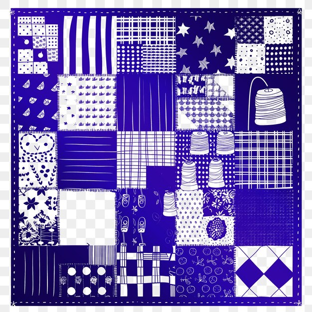 A collage of a blue and white quilt with a pattern of squares and a blue and white checkered pattern