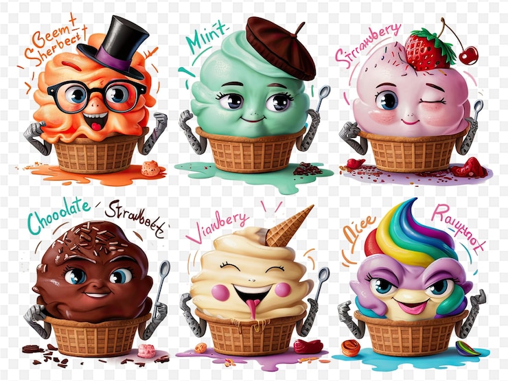 PSD a collage of different ice cream cones including a cartoon character