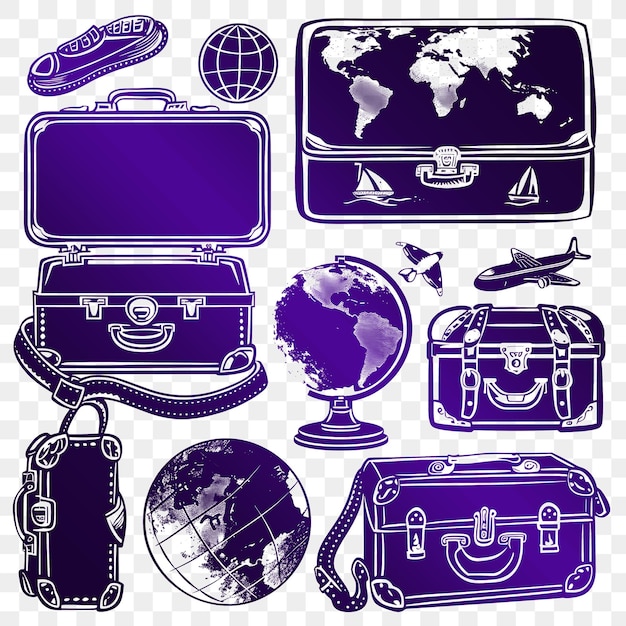 PSD a collage of different images including a suitcase and a globe