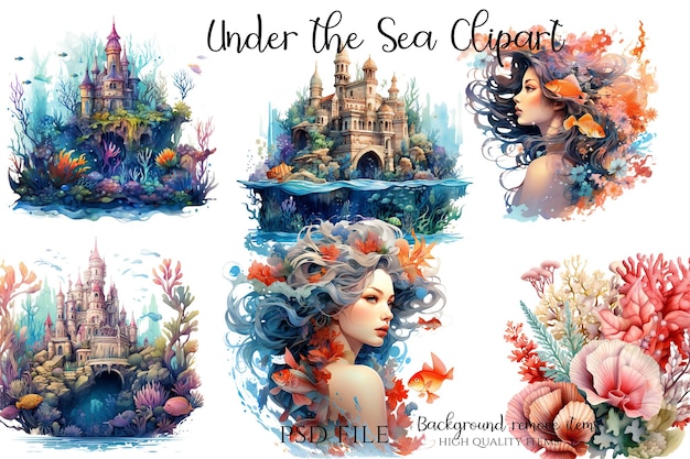 a collage of images of mermaids and the sea.