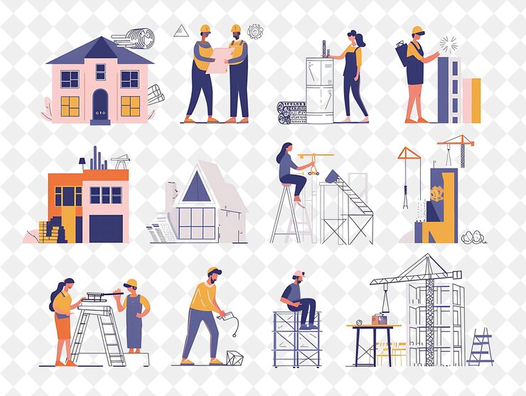 PSD a collage of images of people working on construction equipment