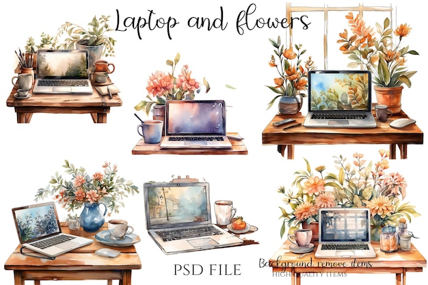 PSD a collage of pictures of laptops and flowers.