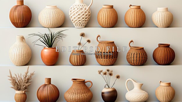 PSD collage of stylish rattan baskets on white background