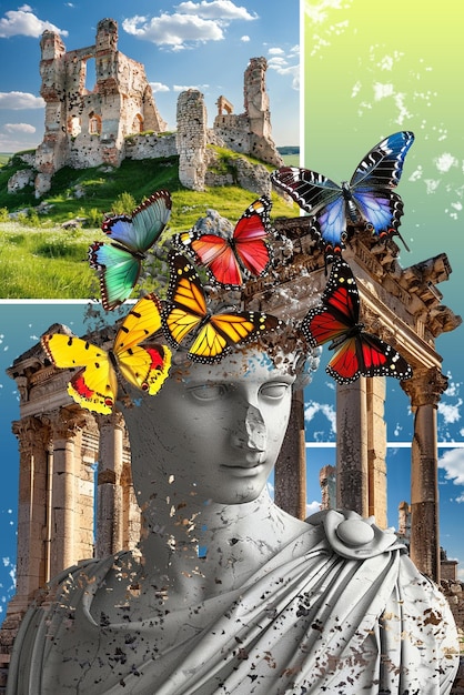 PSD collage di donna sole retro nuvole di montagna foglie tropicali farfalle uccelli mari tropicali