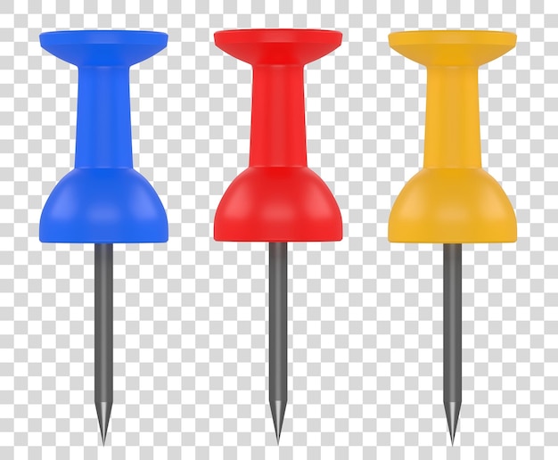 Collectie blauwe rode en gele pushpins geïsoleerd op witte achtergrond 3D Render illustratie