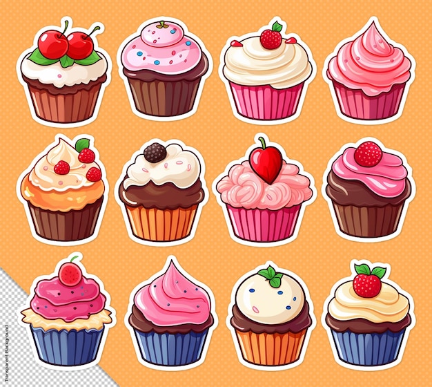 Collectie cupcakes stickers geïsoleerd op een schone achtergrond