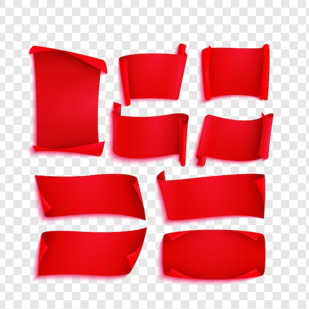 Collectie rode rollen en linten voor ontwerp en decoratie geïsoleerd op doorzichtige achtergrond