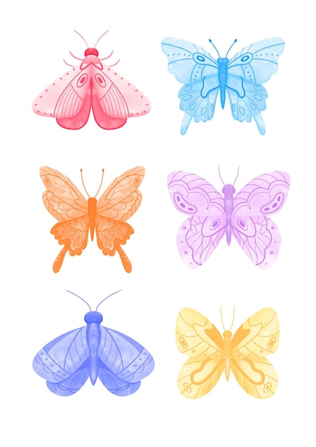 Collectie van kleurrijke vlinders in waterverf