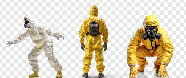 PSD collectie van man in een hazmat pak op de punt van de tenen voor een op doorzichtigheid achtergrond psd