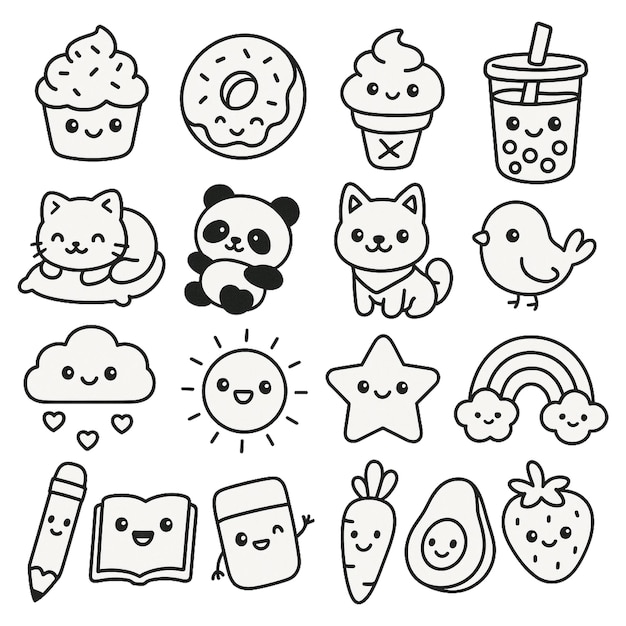 Collectie van schattige Kawaii Doodles Voedseldieren en alledaagse voorwerpen