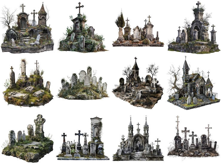 PSD a collection of 12 detailed 3d renderings of graveyards and cemetery structures