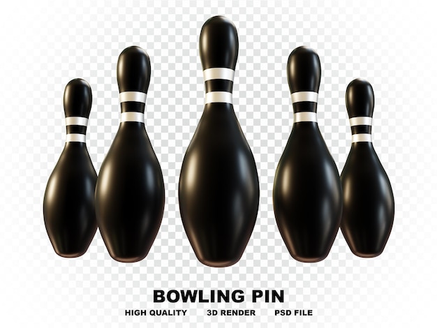 collection of 3d black bowling pins with silver stripes with high resolution in many directions