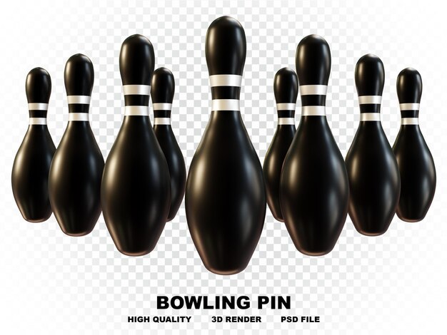 collection of 3d black bowling pins with silver stripes with high resolution in many directions
