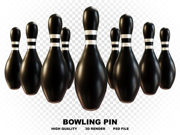 PSD collection of 3d black bowling pins with silver stripes with high resolution in many directions