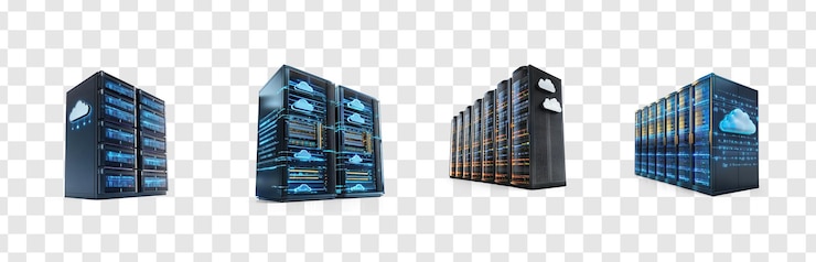 PSD collection of 3d cloud data connect modern network server rack isolate on transparent background