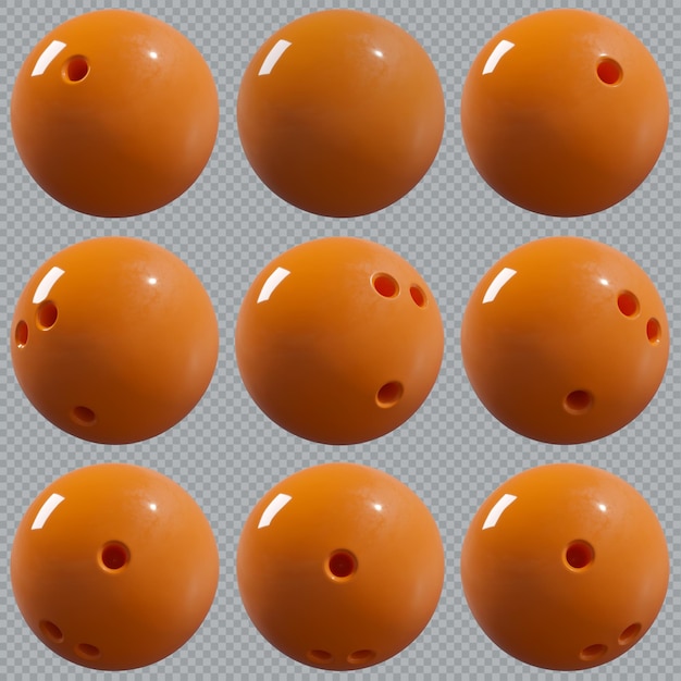 PSD collection of 3d render 6 pounds orange bowling balls with high resolution in many directions