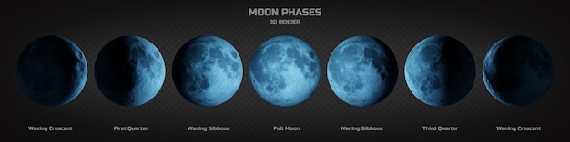 PSD collection of 3d render blue moon phases in high resolution in many perspectives