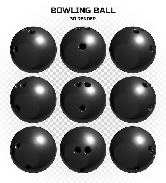 PSD collection of 3d render glossy black bowling balls in high resolution with many perspectives