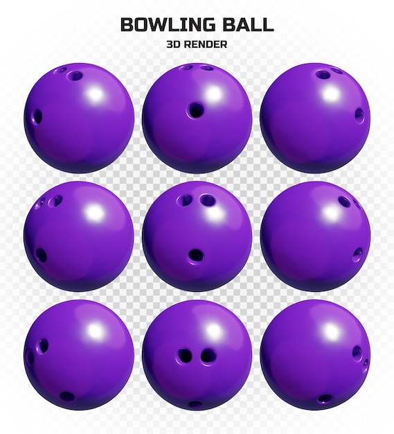 Collection of 3d render glossy purple bowling balls in high resolution with many perspectives