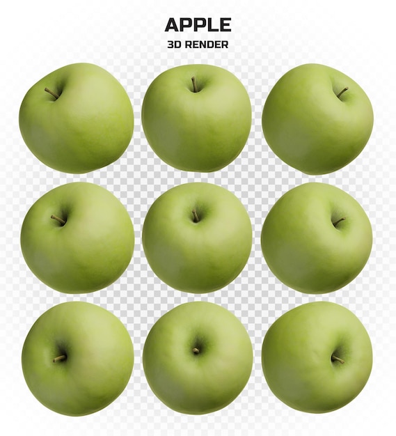 Collection of 3d render realistic ripe green apples in high resolution with many perspectives