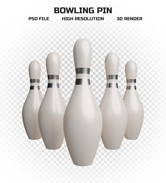 Collection of 3d render white bowling pins with silver stripes in high resolution