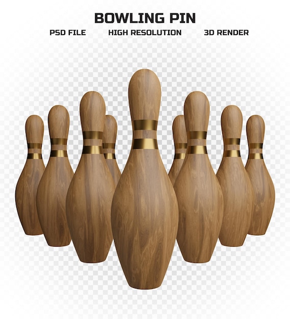 PSD collection of 3d render wooden bowling pins with golden stripes in high resolution