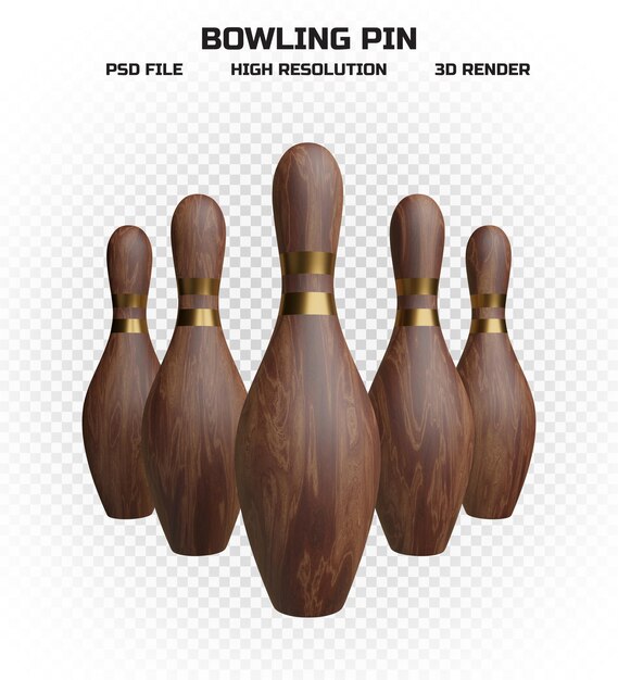 PSD collection of 3d render wooden bowling pins with golden stripes in high resolution