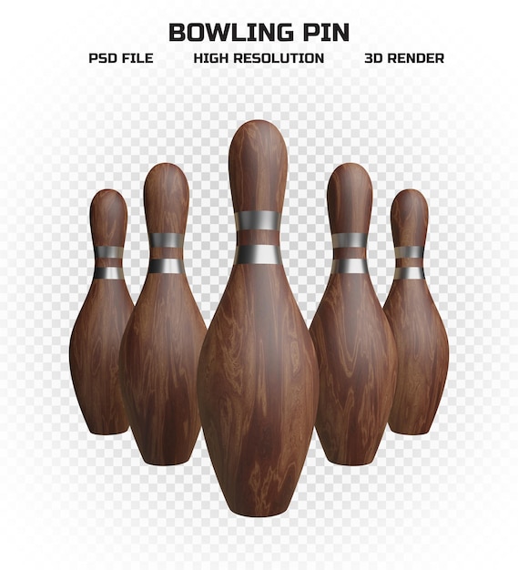 Collection of 3d render wooden bowling pins with silver stripes in high resolution