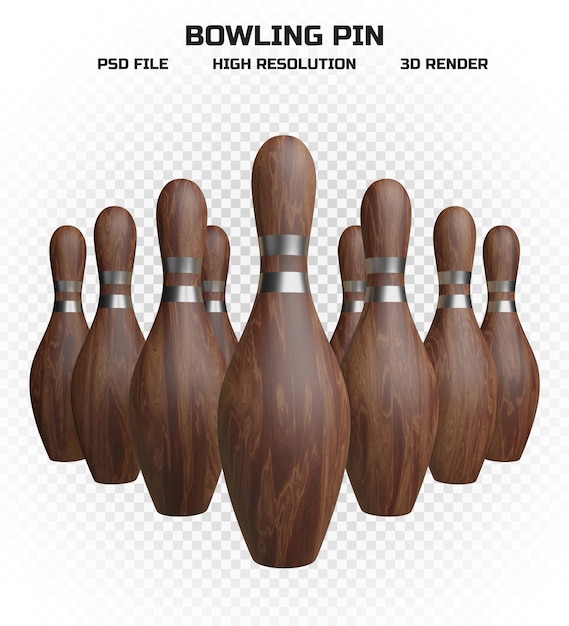 PSD collection of 3d render wooden bowling pins with silver stripes in high resolution