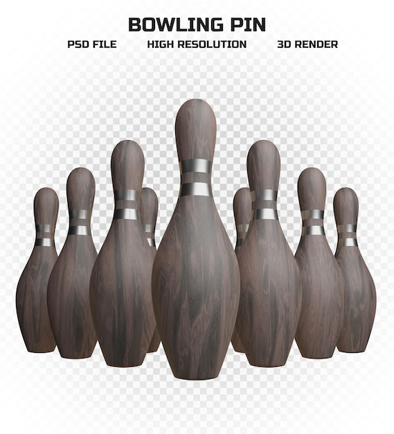 PSD collection of 3d render wooden bowling pins with silver stripes in high resolution