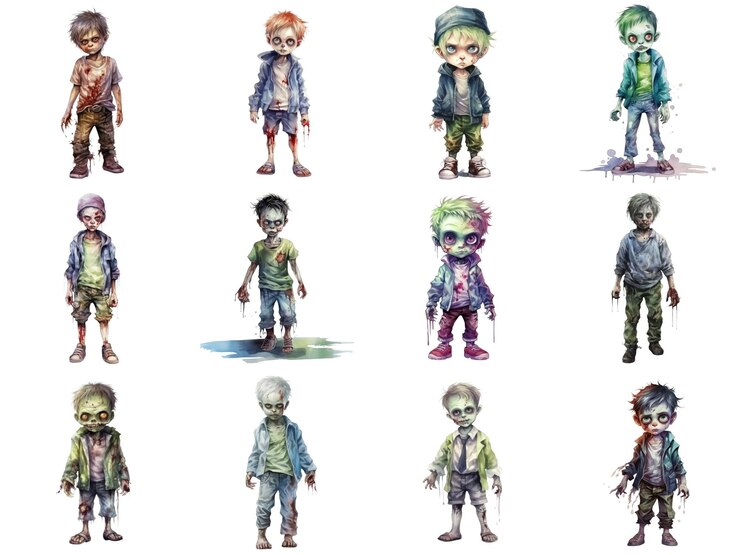 PSD a collection of adorable zombie children in watercolor