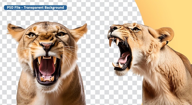 PSD collection of aggressivelooking roaring lioness portraits