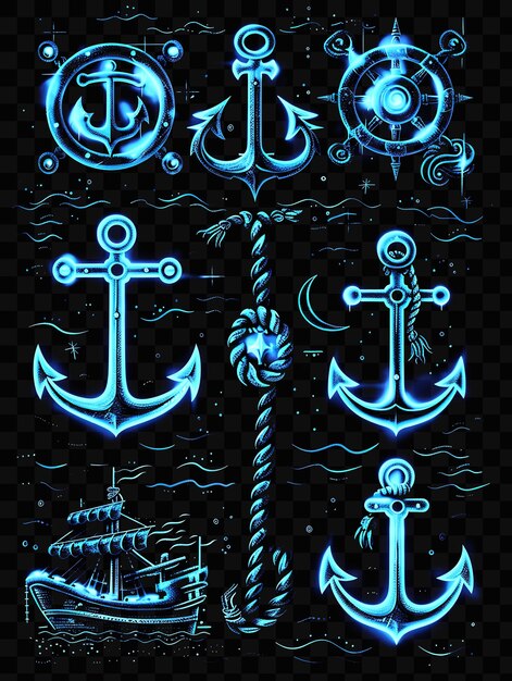 A collection of anchors and a black and white image of a ship and anchor