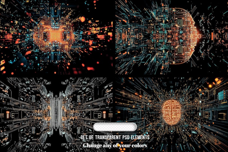 PSD collection of artificial intelligence hardware concept glowing blue brain circuit on microchip