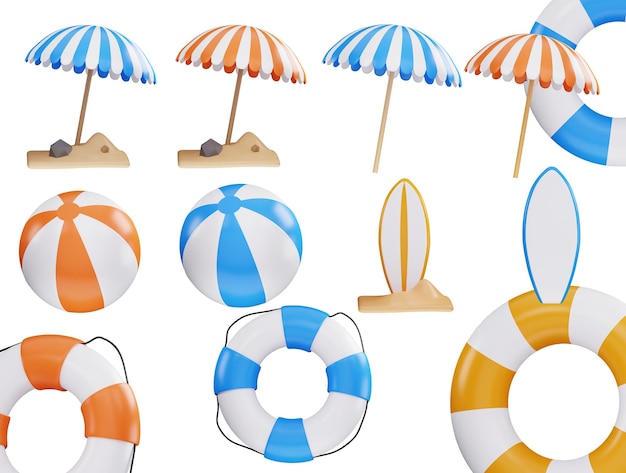 A collection of beach accessories including an umbrella a lifeguard and a lifeguard 3d icon set