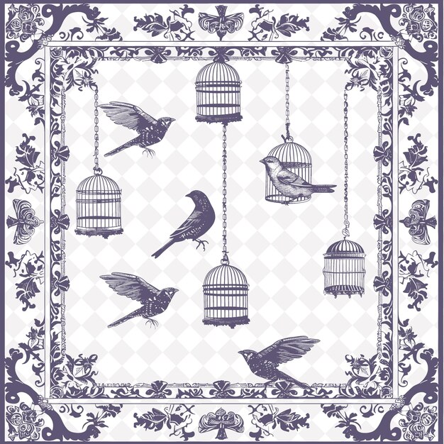 A collection of birds hanging from a hanging cage with birds hanging from it