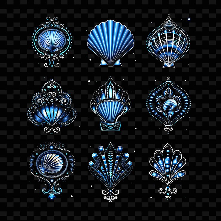 PSD a collection of blue and white shells and a black background with a black background