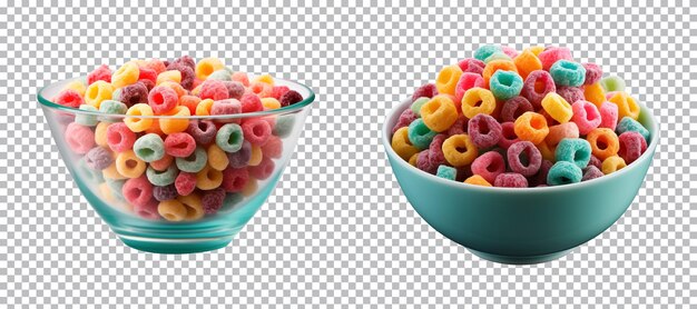 Collection bowl of colorful fruit cereals isolated on a transparent background