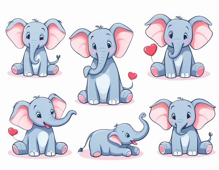 PSD a collection of cartoon elephants with a heart on their head