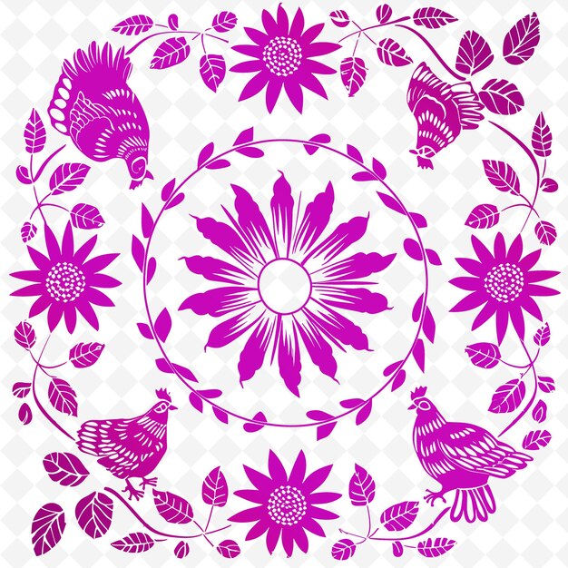 PSD a collection of colorful flowers and birds with a purple background