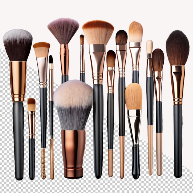 PSD collection of colorful makeup brushes on transparent background