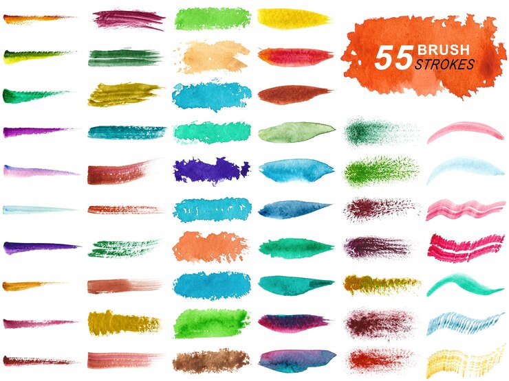 PSD collection of colorful watercolor brush strokes and splatters isolated on transparent background