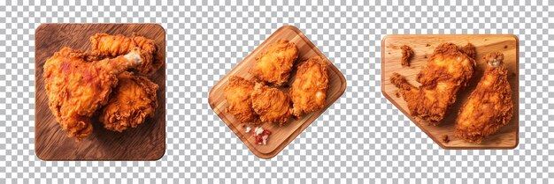 PSD collection of crispy fried chicken on a wooden cutting board isolated on a transparent background