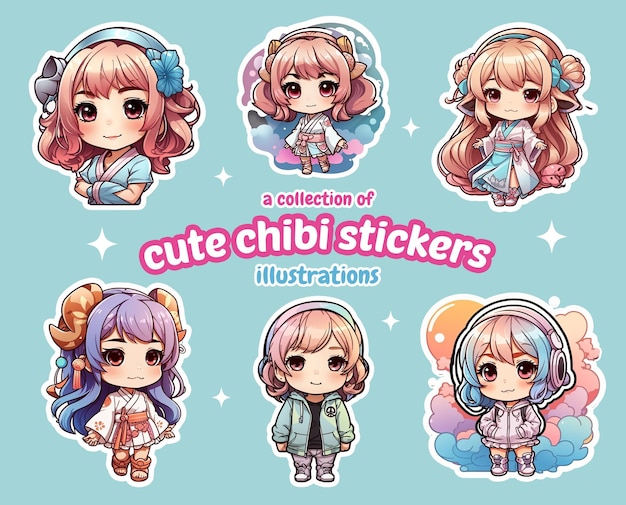 PSD a collection of cute chibi stickers illustrations