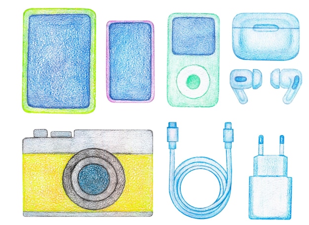 a collection of devices drawn in pencil A collection of devices on a white background Phone music