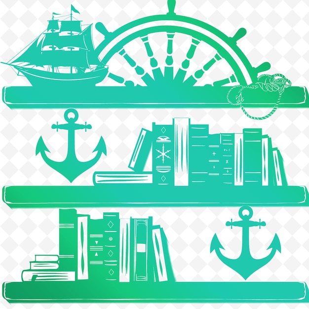 PSD a collection of different books and a ship with a green background